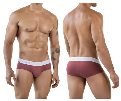 Maroon clever 1863 lecler briefs with a white waistband featuring clever logo in gray lettering for comfortable wear
