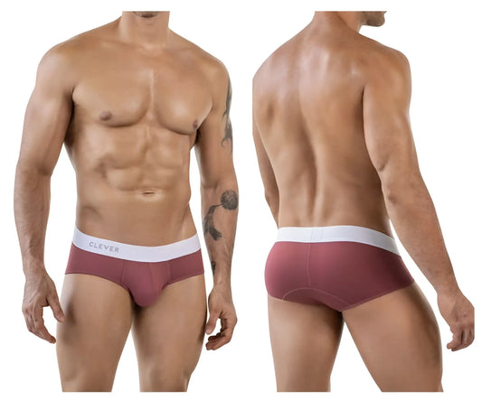 Maroon clever 1863 lecler briefs with a white waistband featuring clever logo in gray lettering for comfortable wear