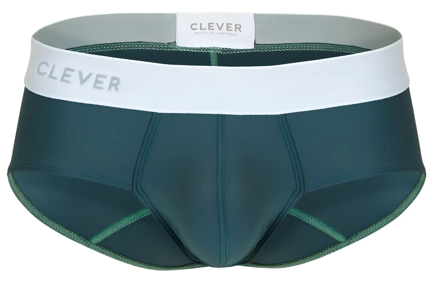 Dark green clever 1863 lecler men briefs with white elastic waistband and gray clever brand lettering