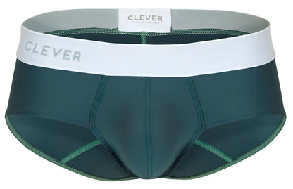 Dark green clever 1863 lecler men briefs with white elastic waistband and gray clever brand lettering