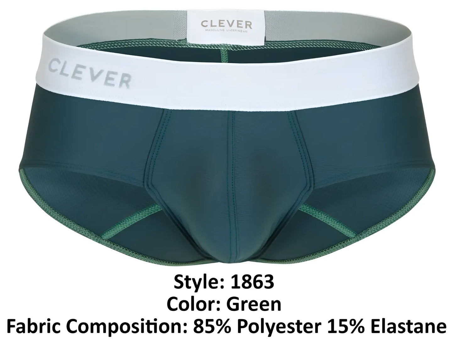Dark green clever 1863 lecler men’s briefs with white waistband and gray brand name for comfortable wear