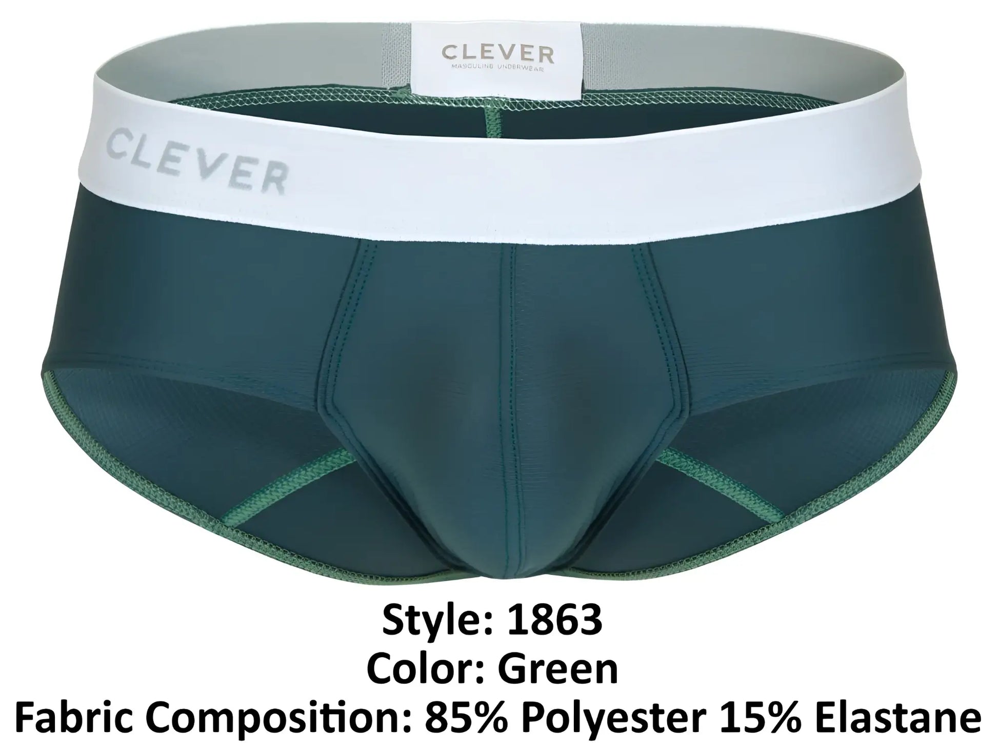Dark green clever 1863 lecler men’s briefs with white waistband and gray brand name for comfortable wear