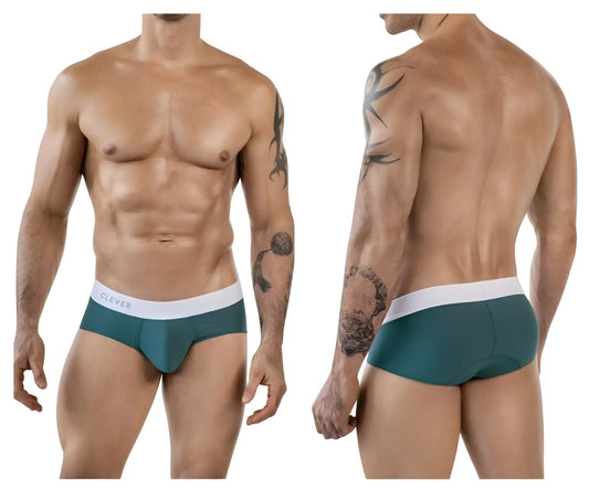 Teal clever 1863 lecler briefs with a white waistband and black clever branding in form-fitting stretch fabric