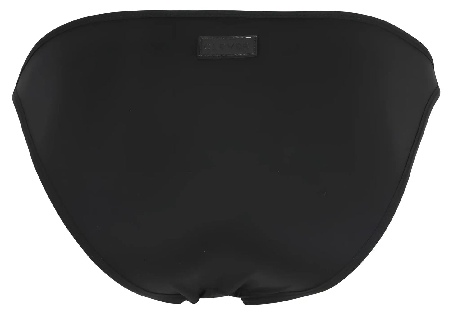 Black satin bikini bottom with subtle sheen and small brand tag at top center from clever 1865 oomph bikini color black