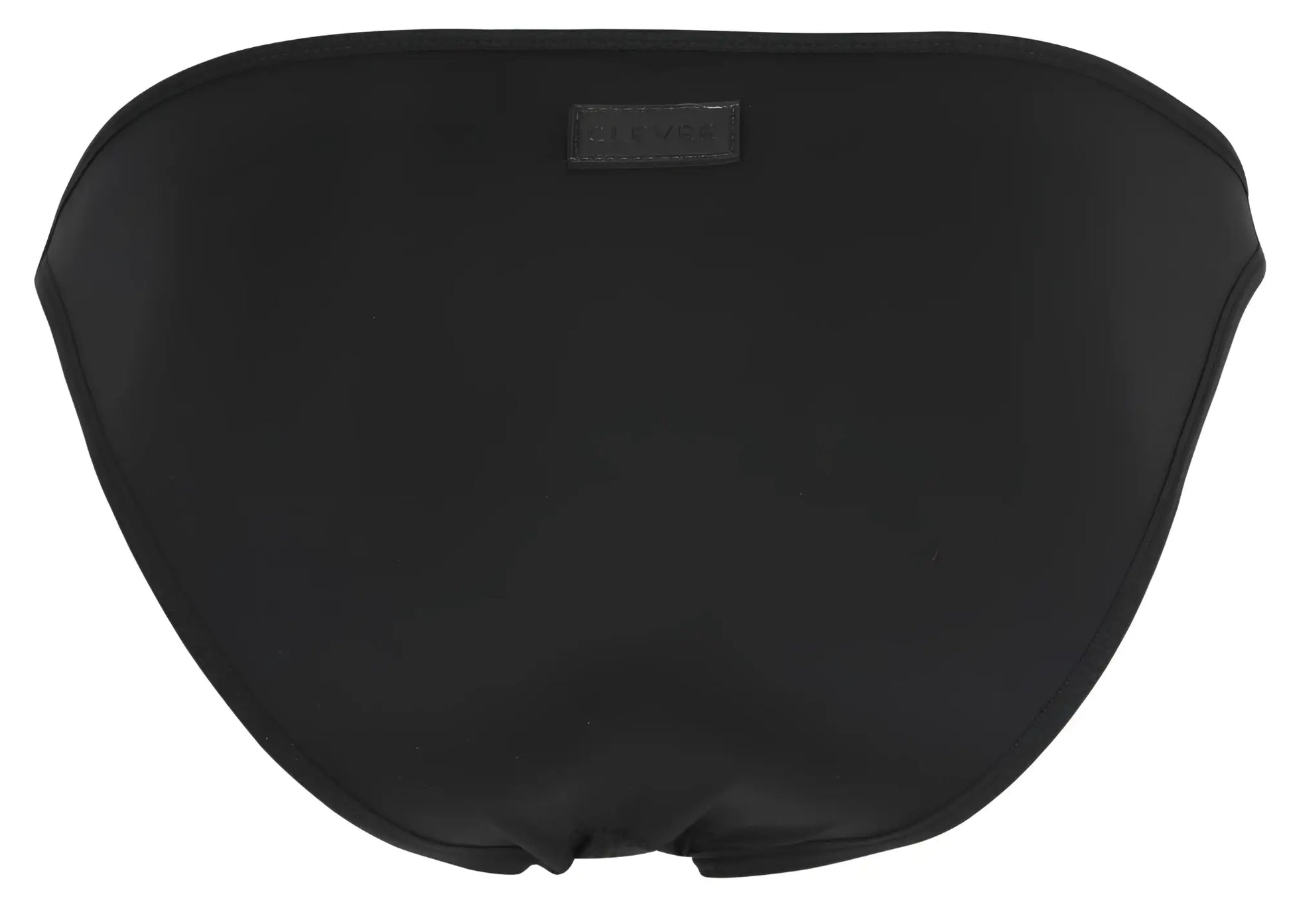 Black satin bikini bottom with subtle sheen and small brand tag at top center from clever 1865 oomph bikini color black