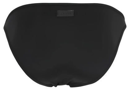 Black satin bikini bottom with subtle sheen and small brand tag at top center from clever 1865 oomph bikini color black