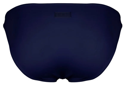 Navy blue Clever 1865 Oomph bikini swim trunks with a small rectangular brand tag at the waistband
