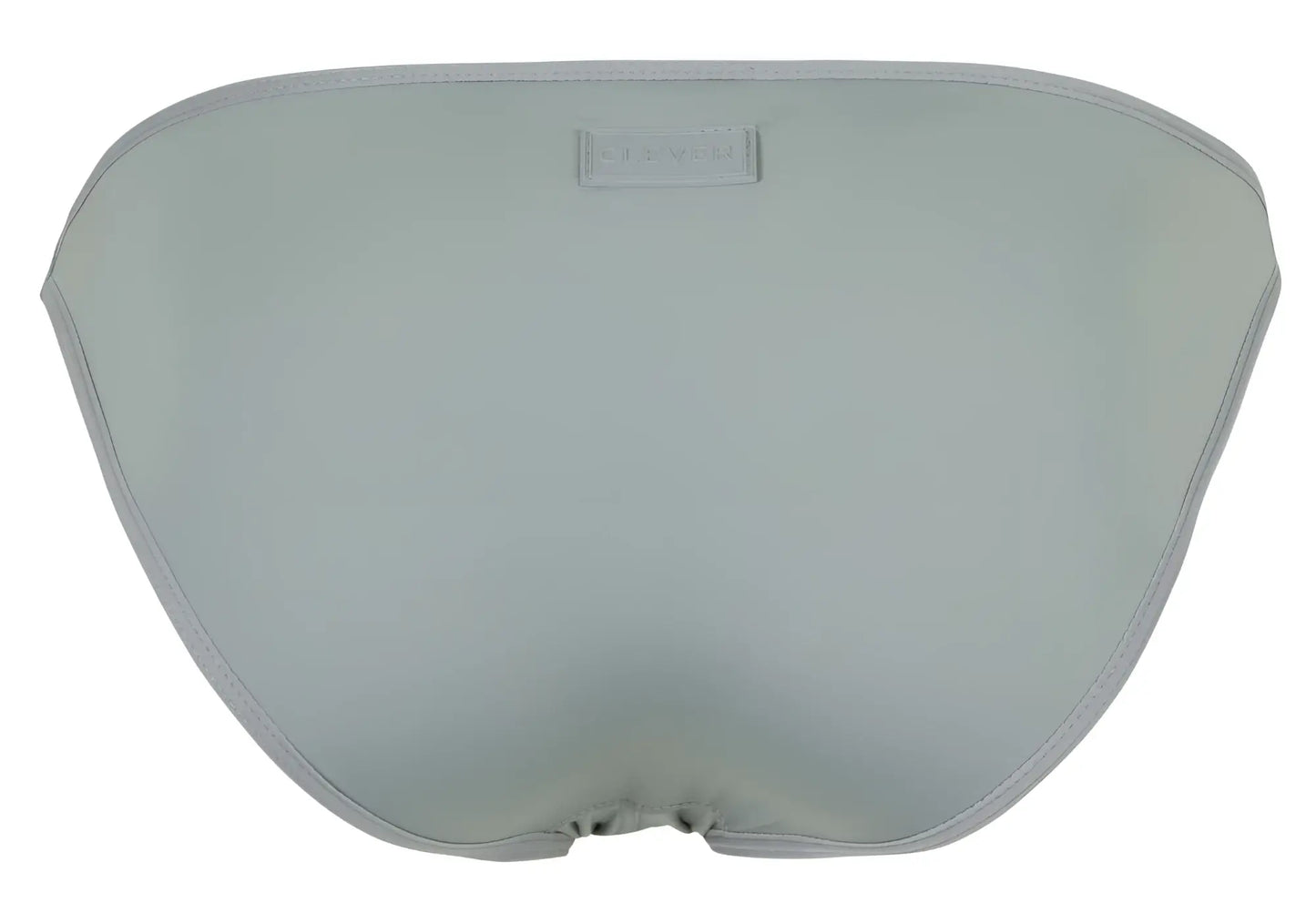 Light gray satin bikini bottom with subtle seam and small rectangular brand tag from clever 1865 oomph bikini
