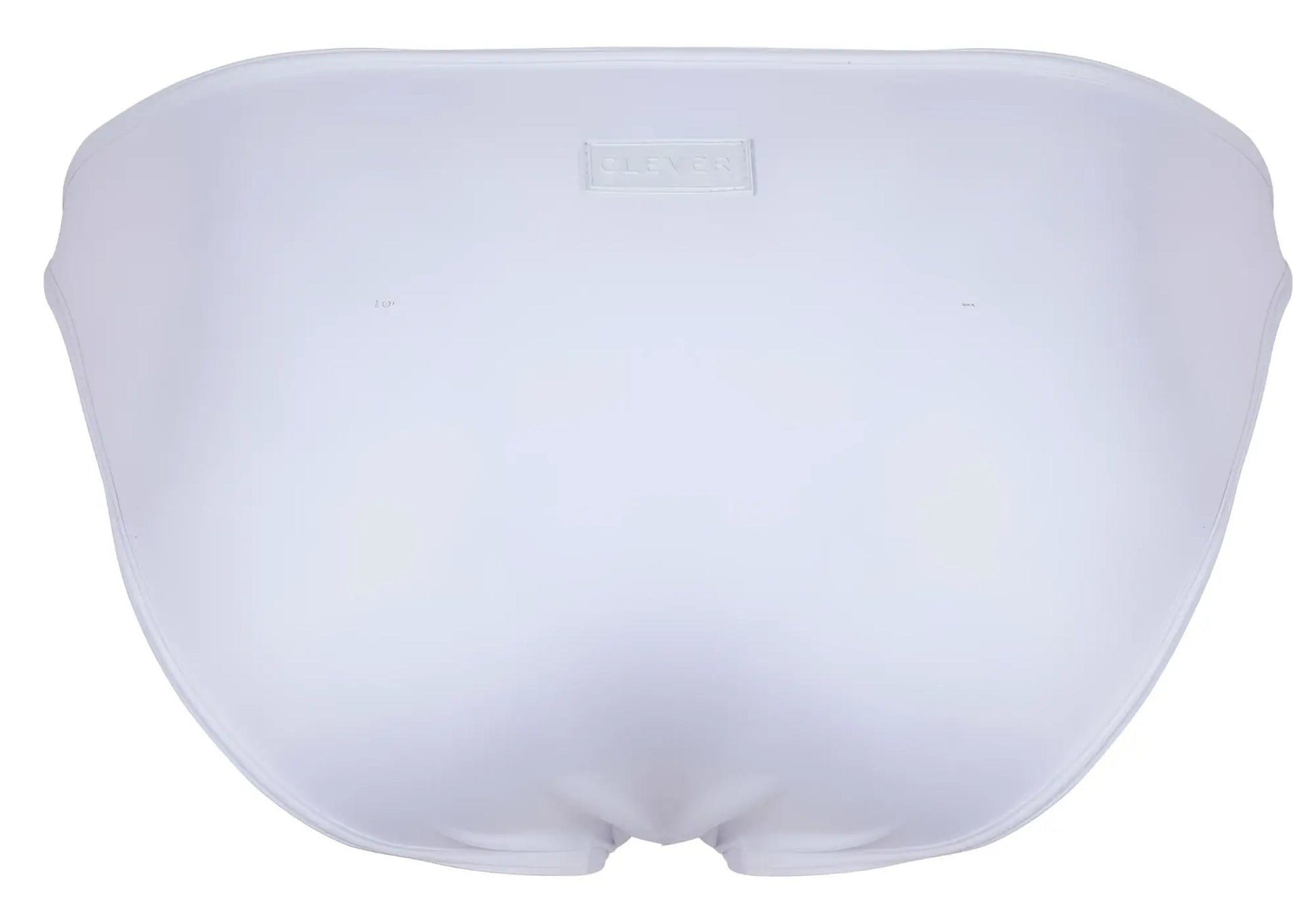 White clever 1865 oomph bikini swim trunks with smooth texture and subtle brand label at the waistband