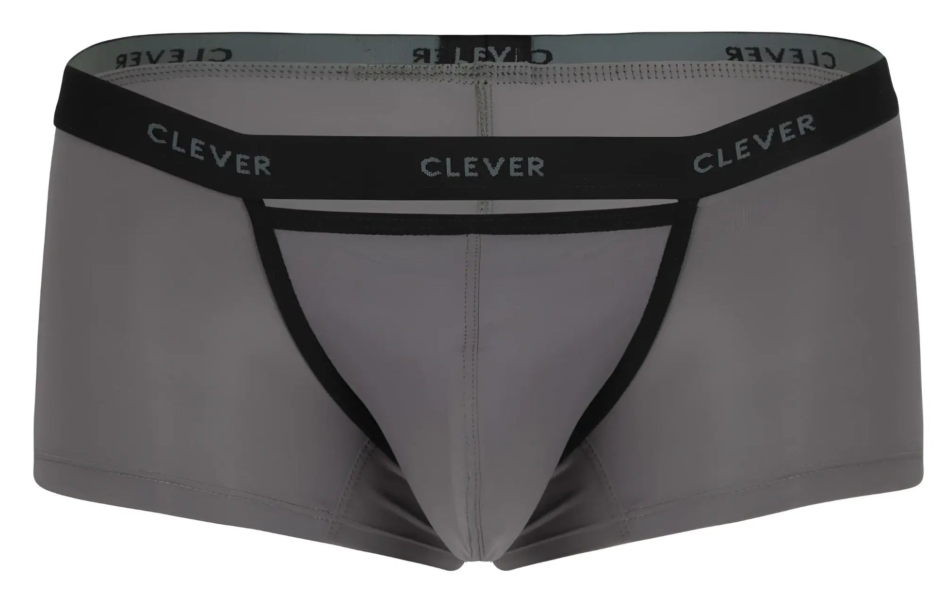Gray clever 1866 tokio trunks men’s briefs with black elastic waistband and leg openings and white logo print