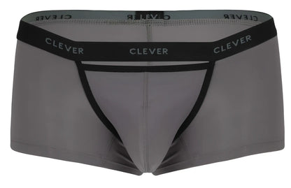 Gray clever 1866 tokio trunks men’s briefs with black elastic waistband and leg openings and white logo print