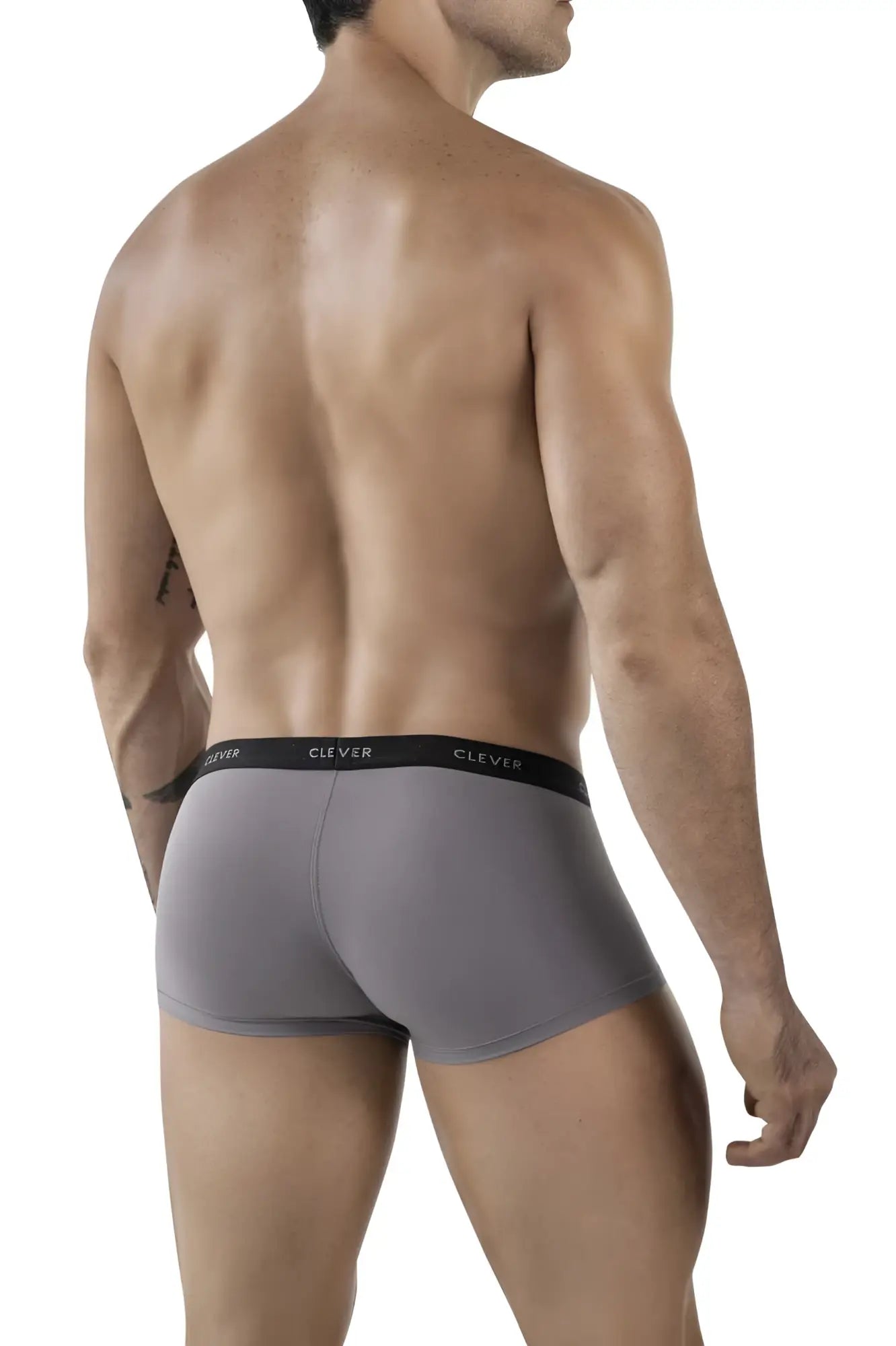 Gray men’s briefs with black elastic waistband featuring clever brand name from clever 1866 tokio trunks collection