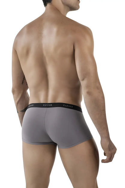 Gray men’s briefs with black elastic waistband featuring clever brand name from clever 1866 tokio trunks collection