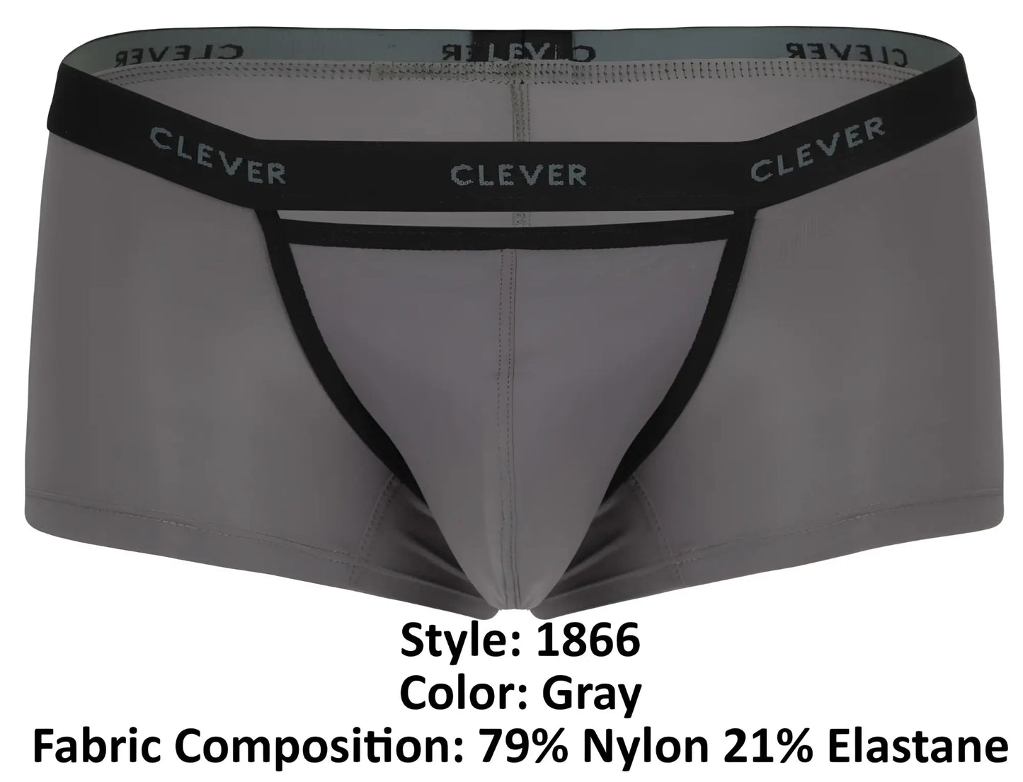 Gray men’s briefs with black trim and clever logo on waistband in clever 1866 tokio trunks color gray design