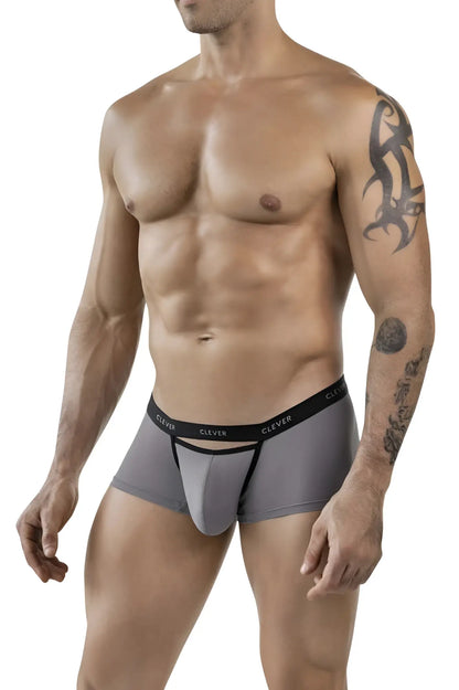 Gray men’s boxer briefs with black trim and clever branding on the waistband from clever 1866 tokio trunks color gray collection