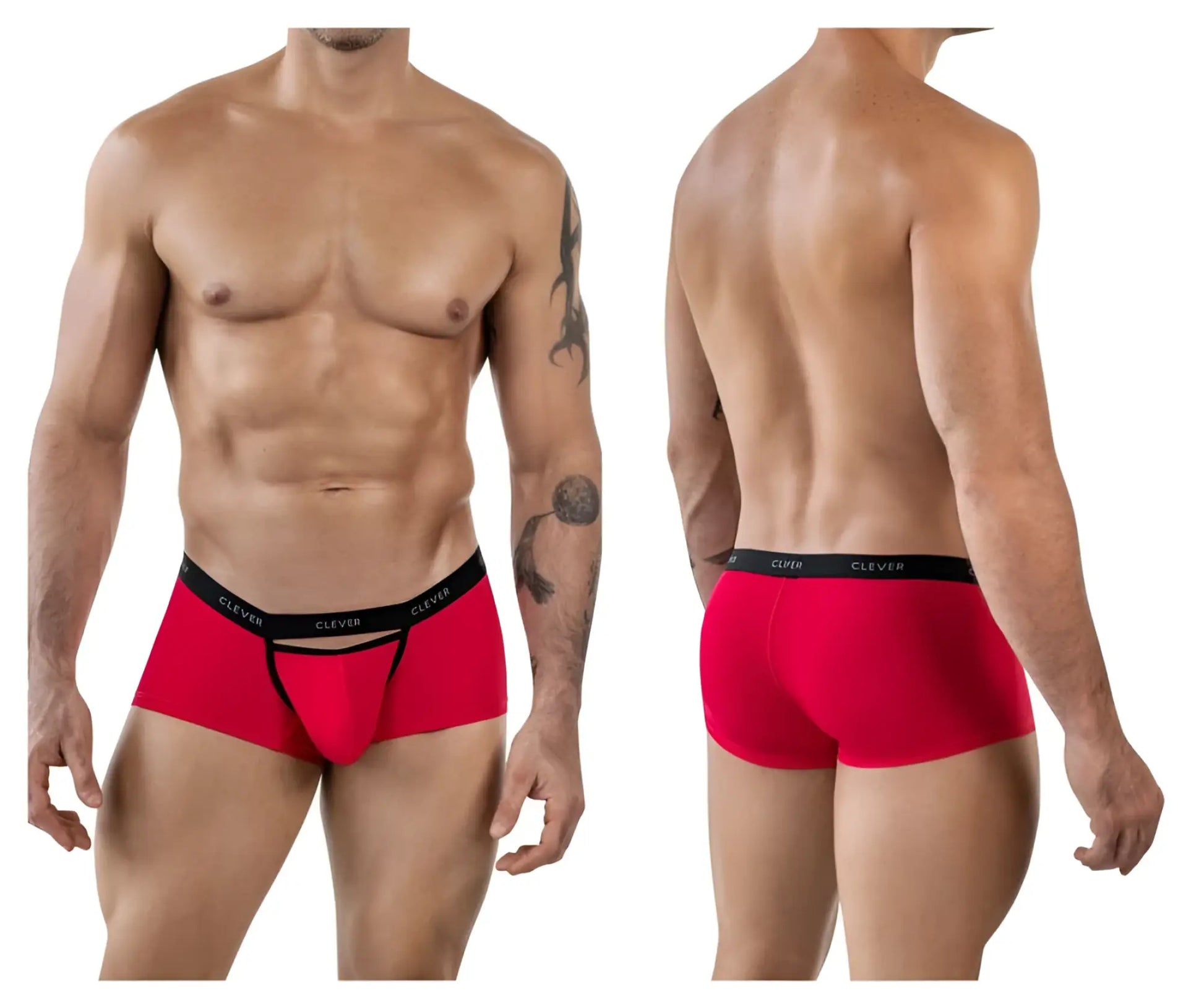 Red clever 1866 tokio trunks mens boxer briefs with black elastic waistband featuring clever branding in white