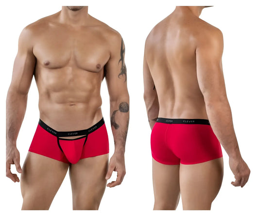 Red clever 1866 tokio trunks mens boxer briefs with black elastic waistband featuring clever branding in white