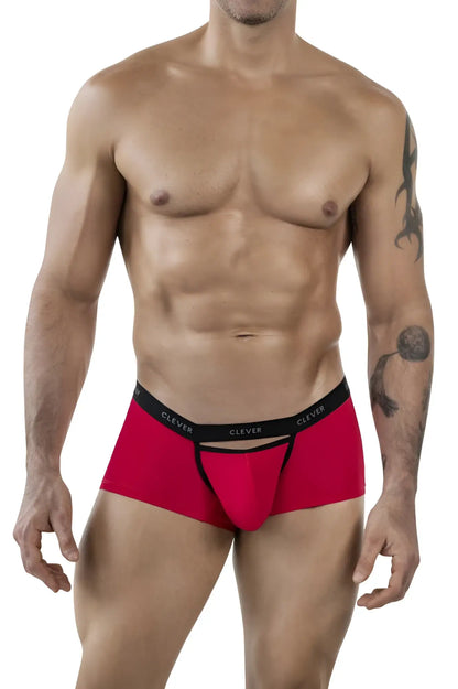 Red men’s clever 1866 tokio trunks boxer briefs with black elastic waistband featuring white clever branding