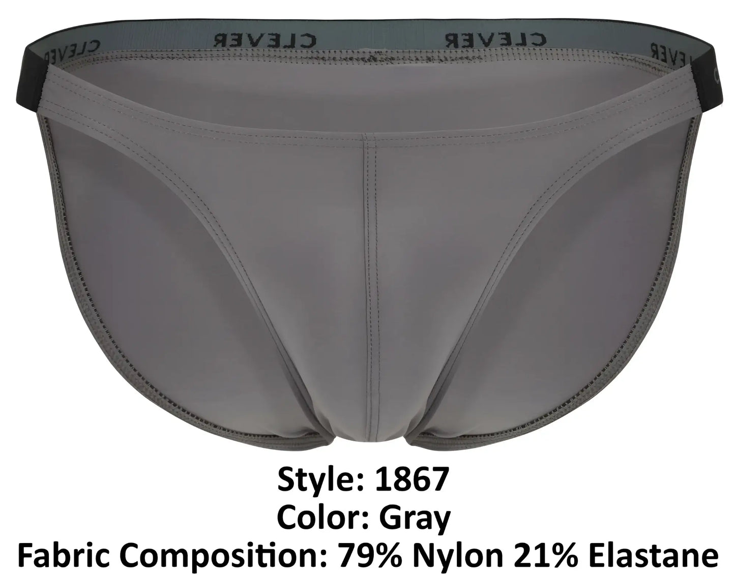 Gray men’s clever 1867 tokio bikini briefs with black elastic waistband and white brand name print