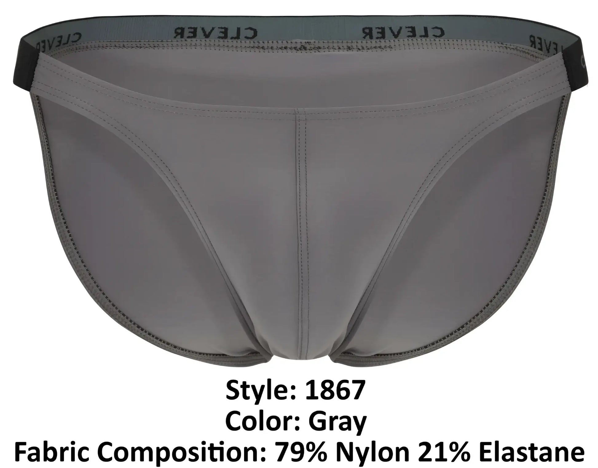 Gray men’s clever 1867 tokio bikini briefs with black elastic waistband and white brand name print