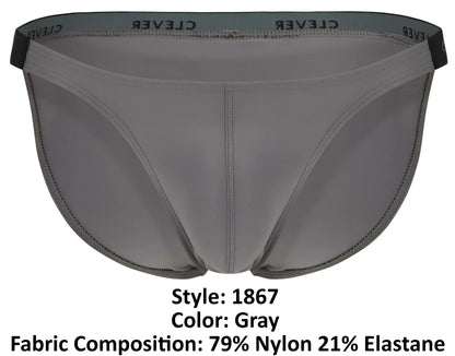 Gray men’s clever 1867 tokio bikini briefs with black elastic waistband and white brand name print