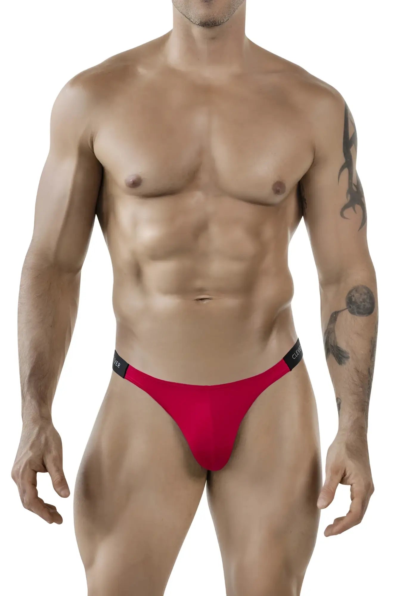 Red clever 1867 tokio bikini thong with black elastic waistband and white cuter brand name print