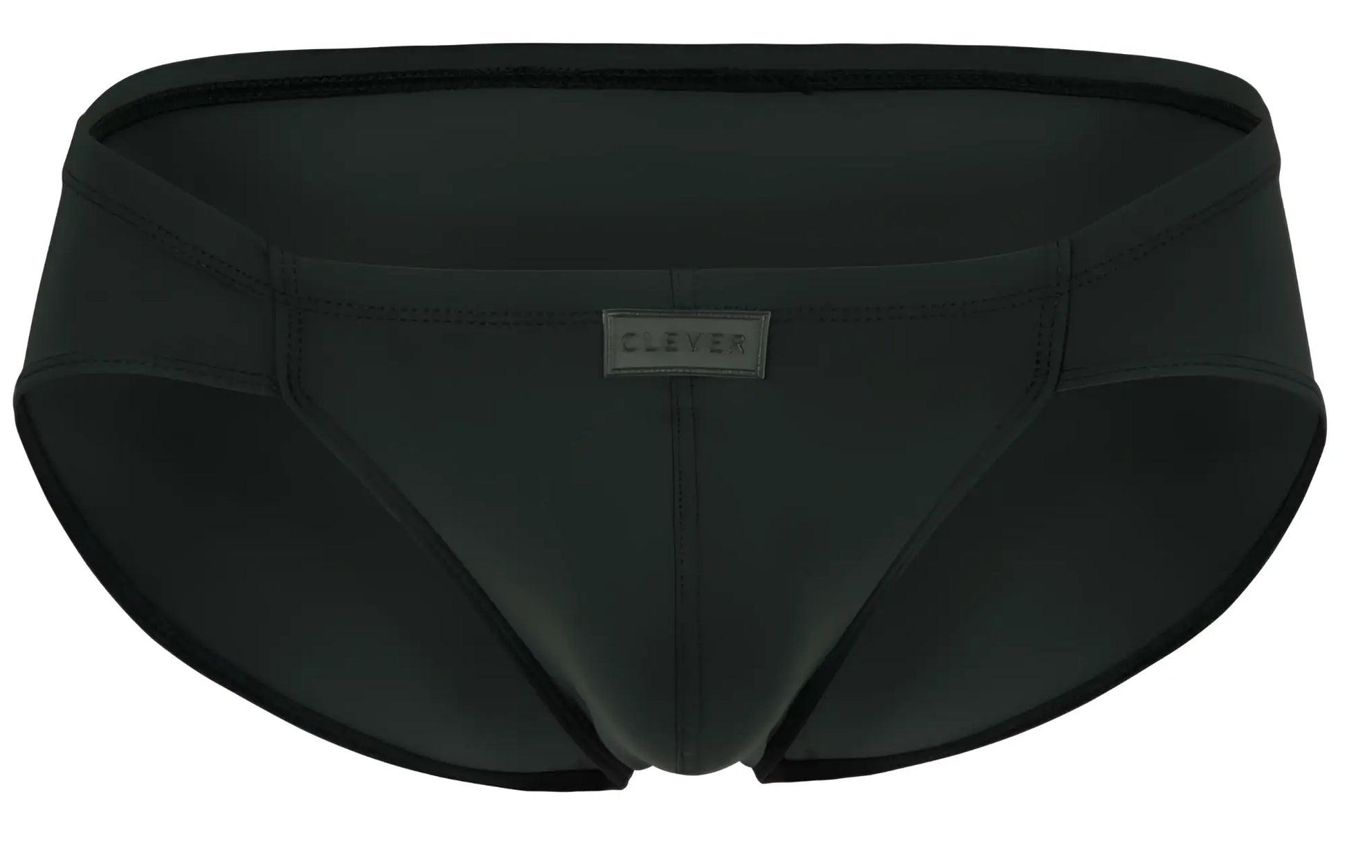 Black men’s clever 1870 audaz bikini swim trunks in dark gray with a sleek form-fitting design and subtle waistband label