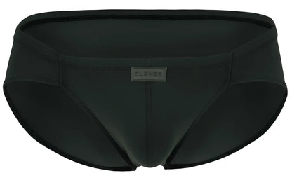 Black men’s clever 1870 audaz bikini swim trunks in dark gray with a sleek form-fitting design and subtle waistband label