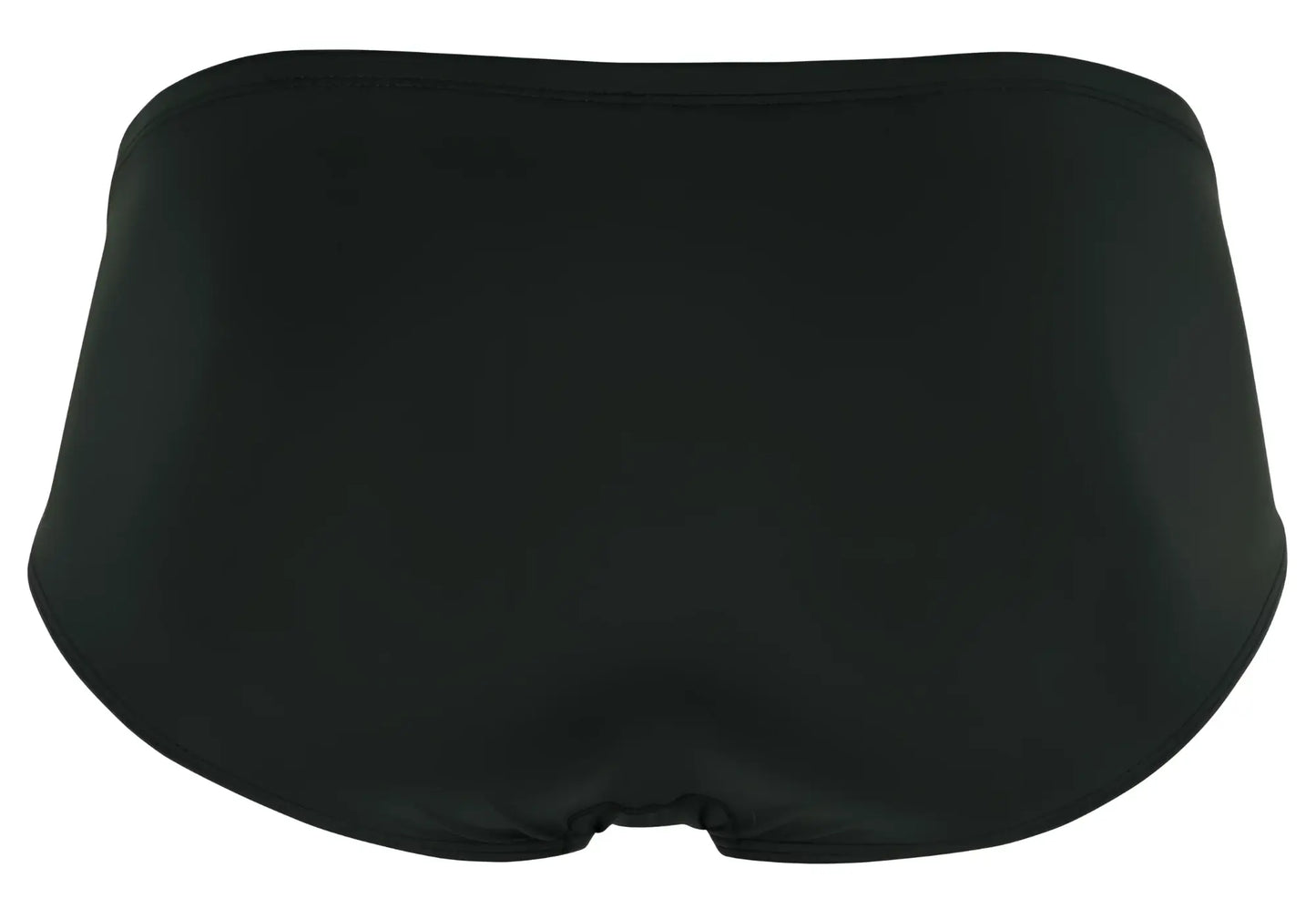 Black satin clever 1870 audaz bikini briefs in dark gray with a smooth sleek finish shown from the back side