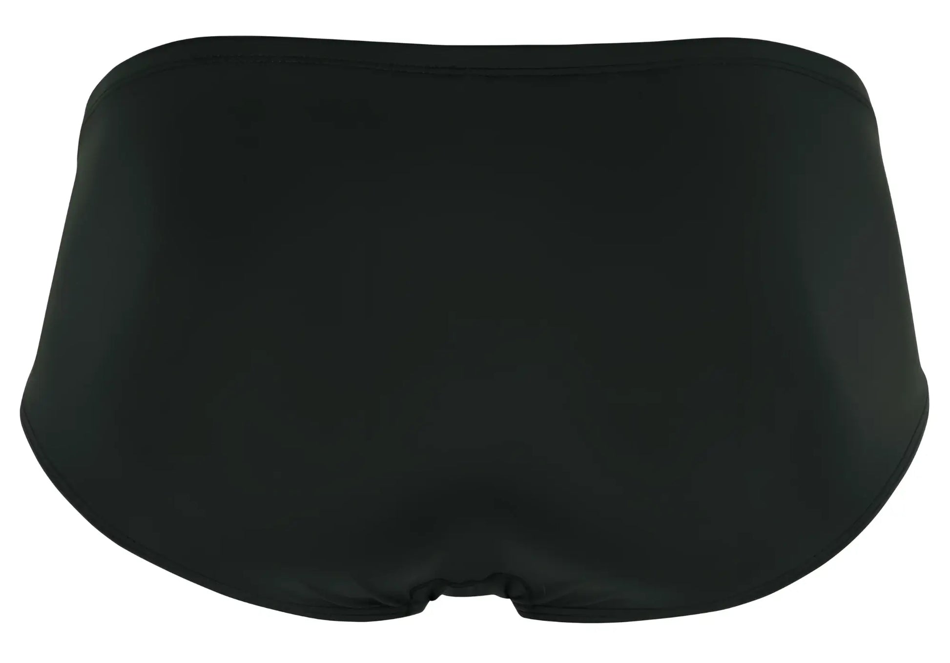 Black satin clever 1870 audaz bikini briefs in dark gray with a smooth sleek finish shown from the back side