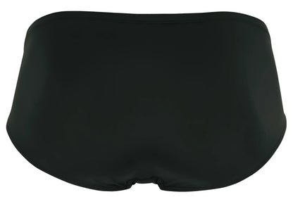 Black satin clever 1870 audaz bikini briefs in dark gray with a smooth sleek finish shown from the back side