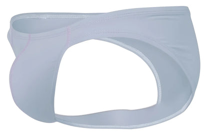 White form-fitting men’s briefs with smooth stretchy fabric and subtle pink stitching from clever 2005 raices in gray