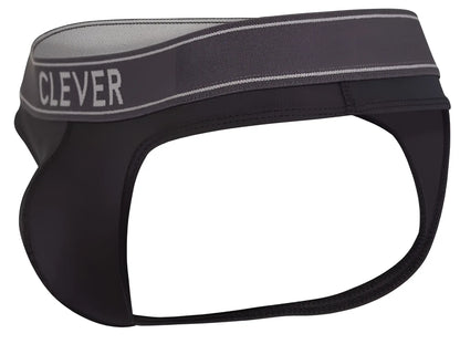 Black and gray clever 2008 raw thongs with a sleek form-fitting design shown from the back side in dark gray color