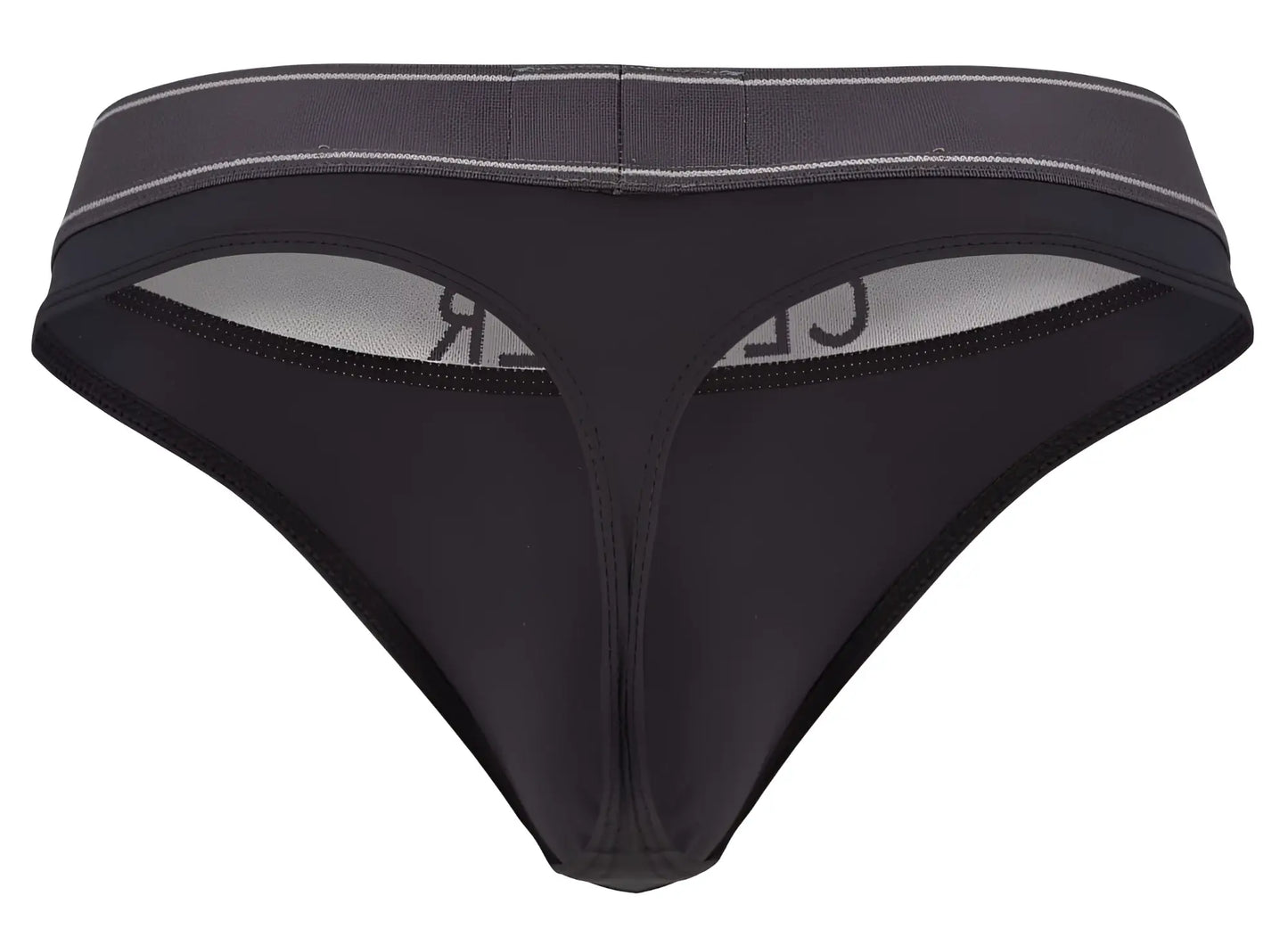 Black clever 2008 raw thong with gray waistband subtle white stitching and cle brand on inner lining