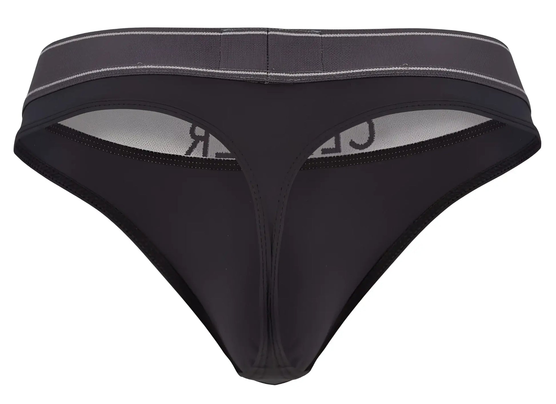 Black clever 2008 raw thong with gray waistband subtle white stitching and cle brand on inner lining