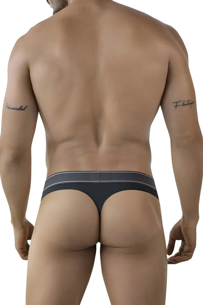 Dark gray clever 2008 raw thong with a light gray stripe across the waistband shown from the back side