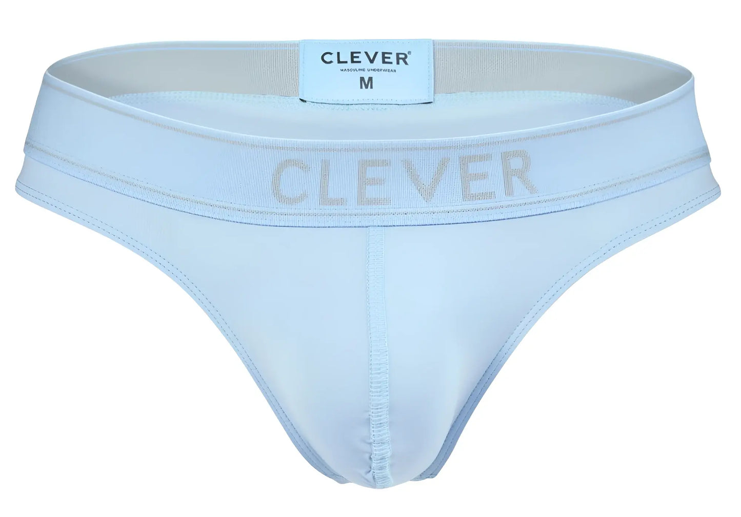 Light blue clever 2008 raw men’s briefs with subtle gray logo and elastic waistband for comfortable wear