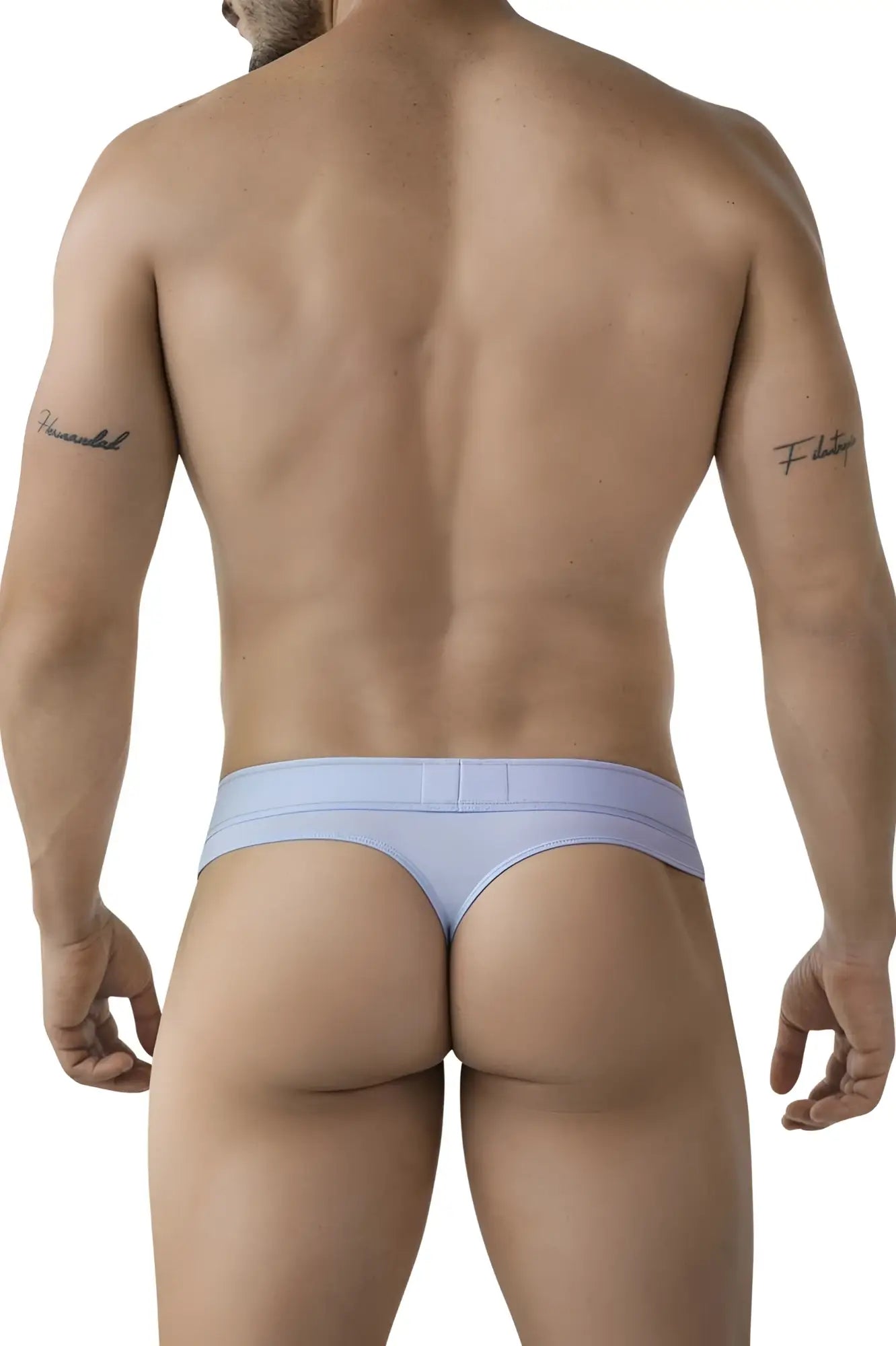 Light blue clever 2008 raw thong underwear with seamless smooth fabric finish shown from the back side