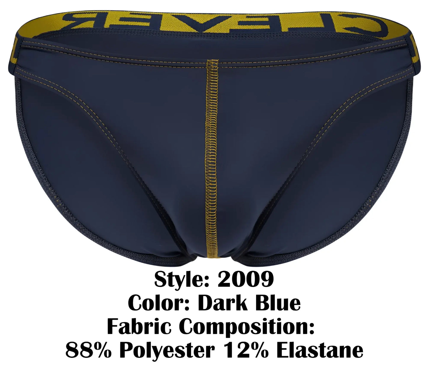 Dark blue clever 2009 earthskin bikini briefs with yellow waistband, black branding, and gold center seam stitching