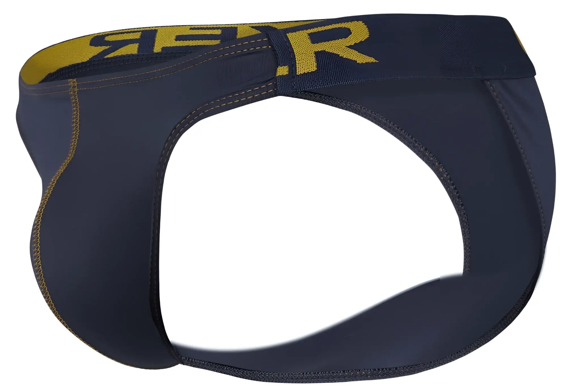 Dark navy blue athletic briefs with bold yellow r branding on the waistband from clever 2009 earthskin bikini line