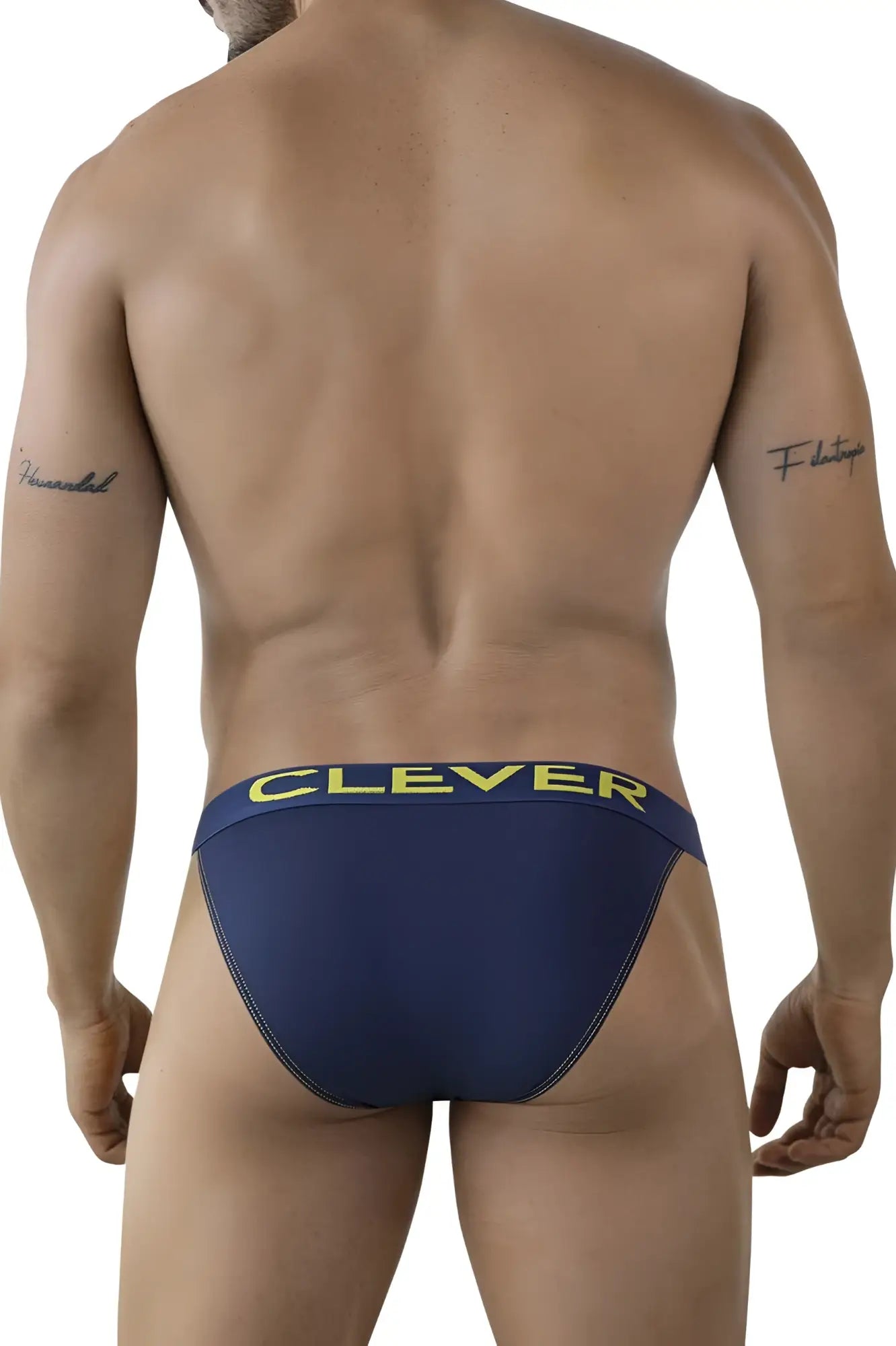 Navy blue Clever 2009 Earthskin bikini briefs with yellow waistband lettering made from soft fabric for everyday wear