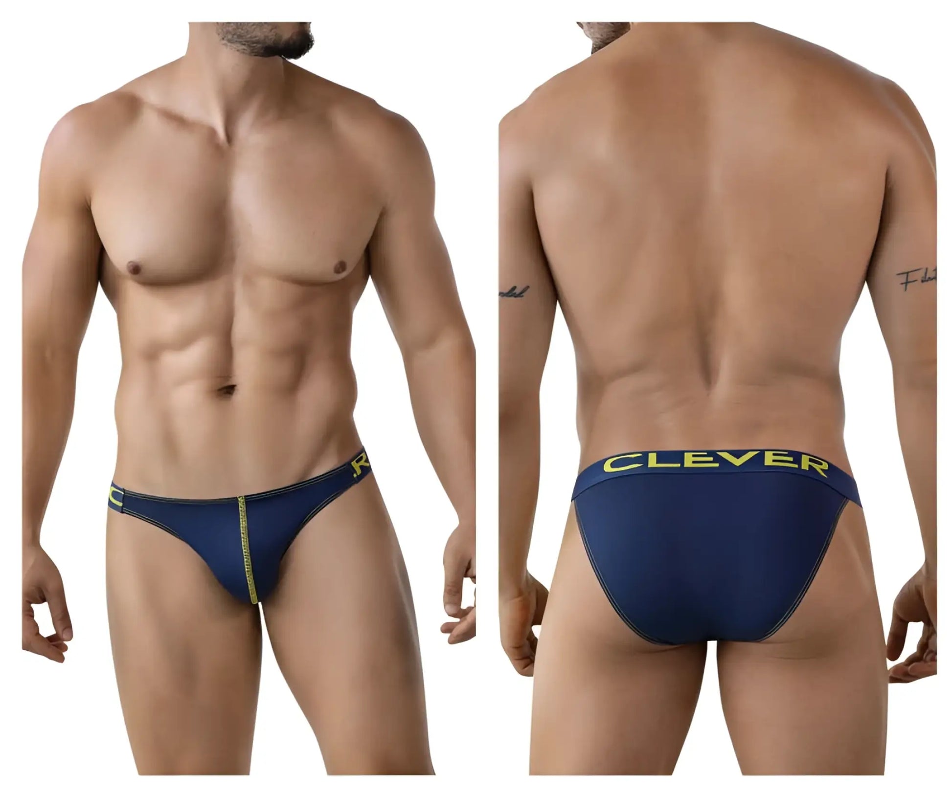 Navy blue Clever 2009 Earthskin bikini briefs with yellow trim and logo made from soft breathable fabric