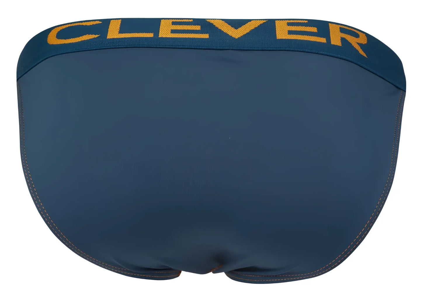 Dark blue men’s briefs with a yellow clever logo on the waistband from the clever 2009 earthskin bikini petrol green collection