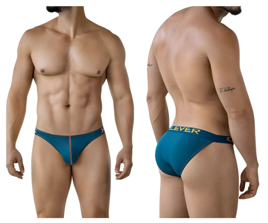 Teal colored form fitting briefs with subtle texture and gold lettering on the waistband clever 2009 earthskin bikini