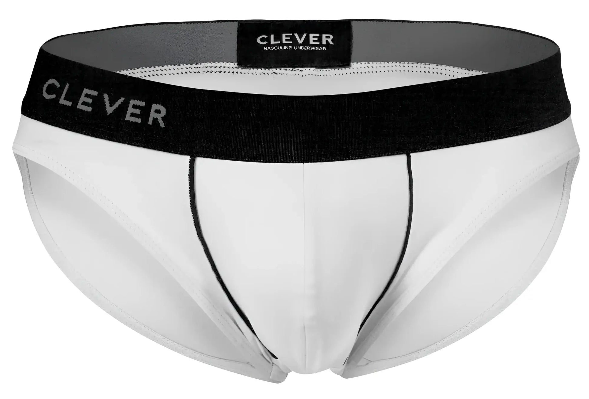 White men’s clever 2012 origen briefs with black elastic waistband and gray branding in cotton fabric