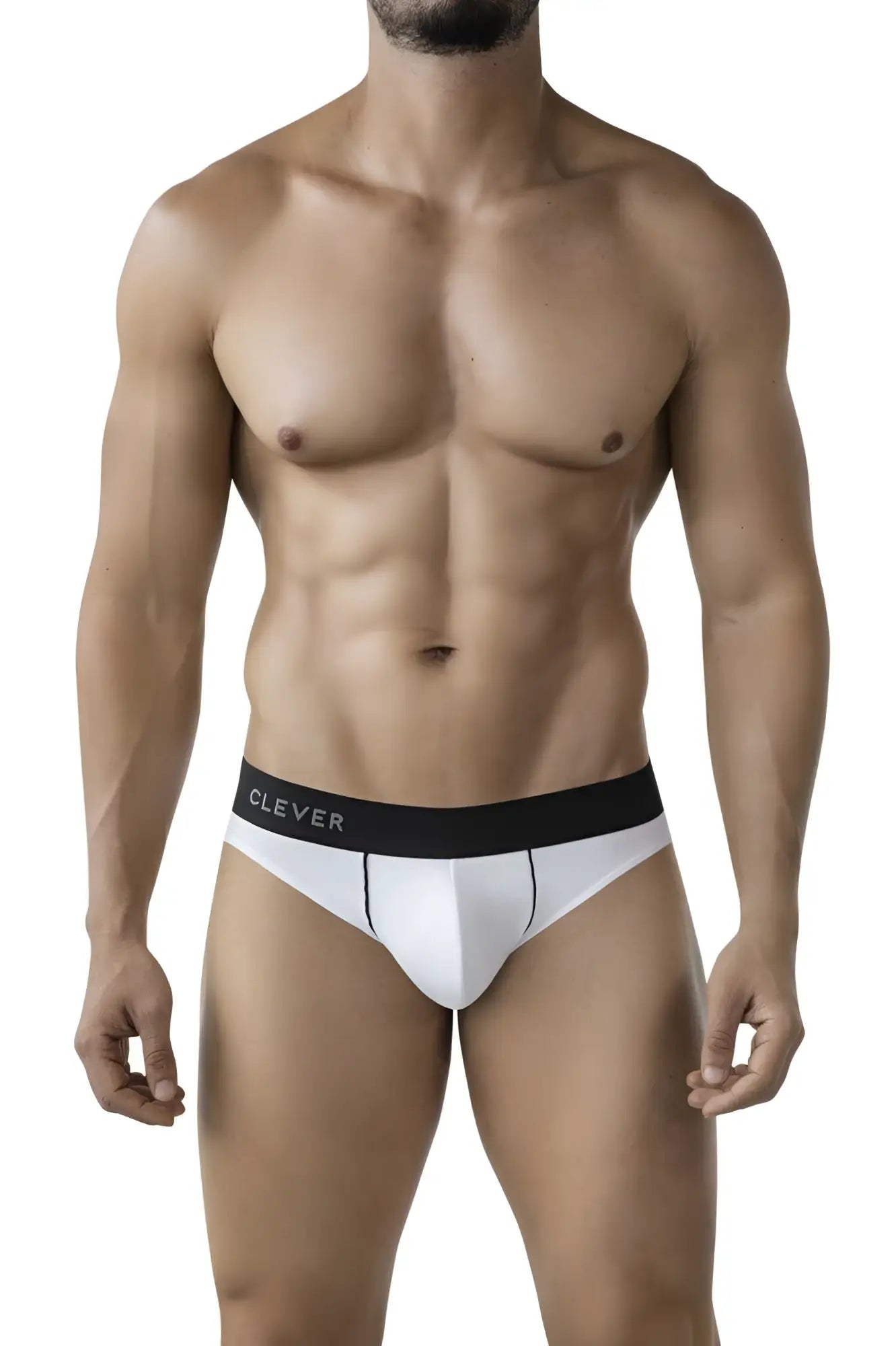White clever 2012 origen briefs for men with black waistband and white brand logo in a cotton blend material