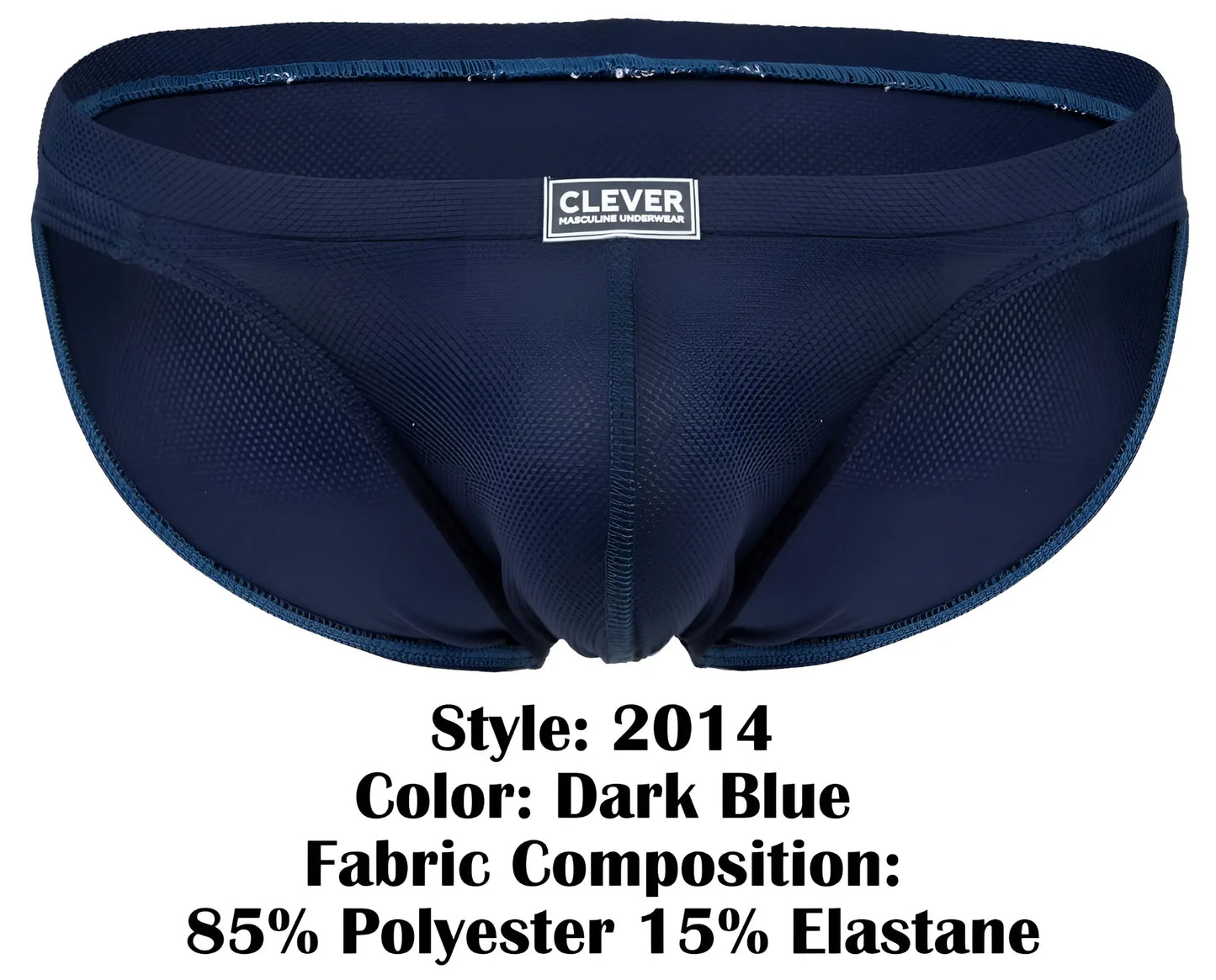 Dark blue clever 2014 reto men’s briefs made with mesh fabric blend of 85 polyester and 15 elastane