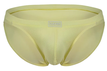 Light yellow clever 2014 reto briefs made of mesh with a subtle textured pattern and a branded waistband label