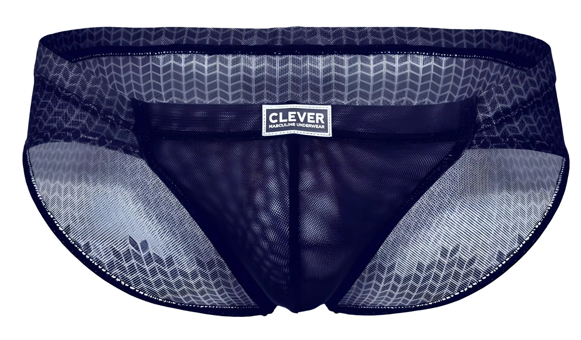 Dark blue mesh men’s briefs with subtle geometric pattern and clever male underwear branded label by Clever 2016