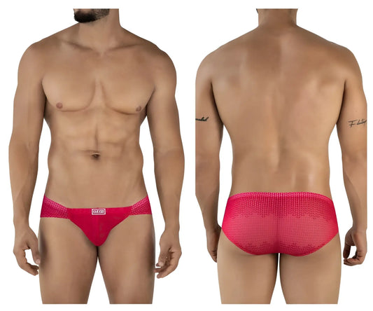 Bright pink mesh textured men’s briefs with subtle pattern and clevis branding from clever 2016 mosaico briefs red